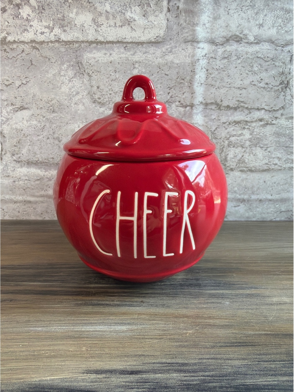 Rae Dunn CHEER Christmas Ornament Canister Jar Red Ceramic Holiday Large Letter